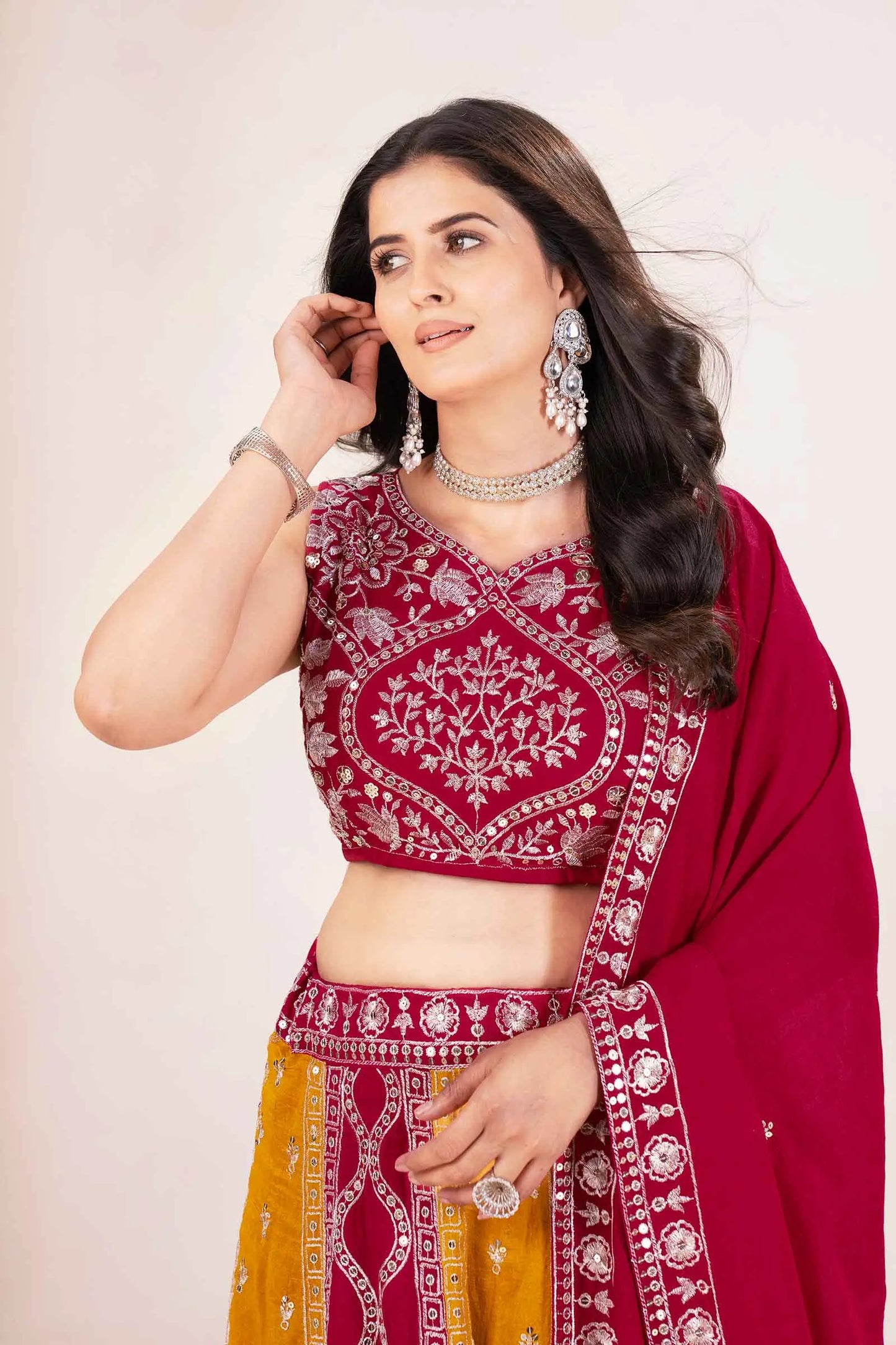 Red And Yellow Embroidery Sequins Design Work Lehenga Set