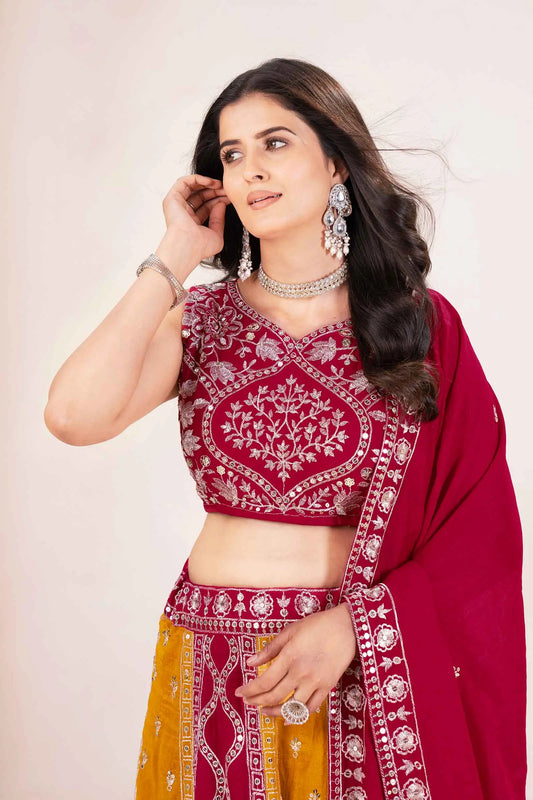 Red And Yellow Embroidery Sequins Design Work Lehenga Set
