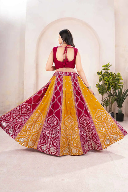 Red And Yellow Embroidery Sequins Design Work Lehenga Set
