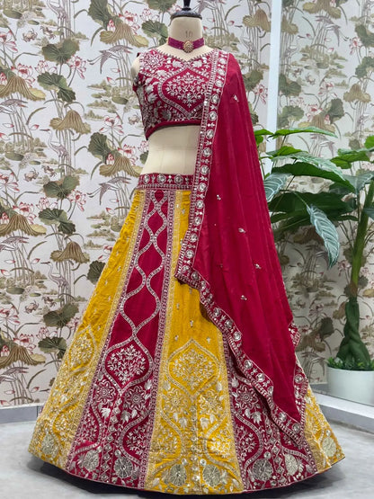 Red And Yellow Embroidery Sequins Design Work Lehenga Set