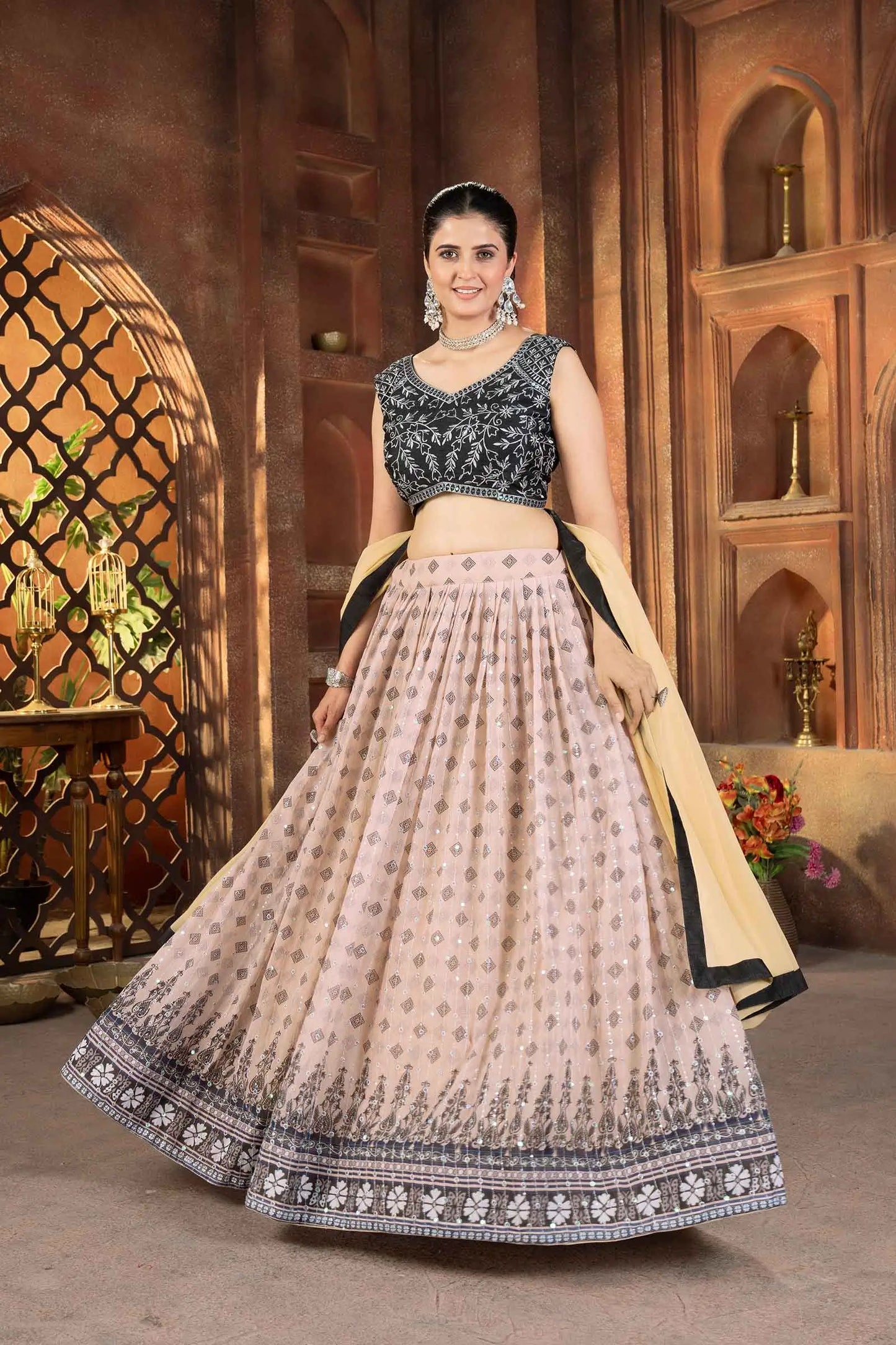 Black And Light Pink Digital Print With Embroidery Work Lehenga Choli
