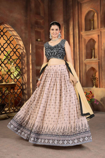 Black And Light Pink Digital Print With Embroidery Work Lehenga Choli