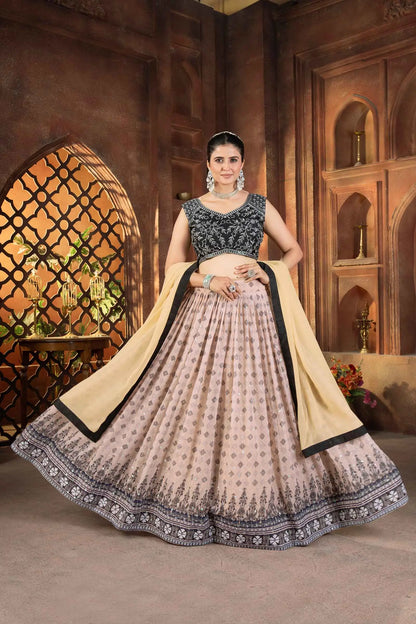 Black And Light Pink Digital Print With Embroidery Work Lehenga Choli