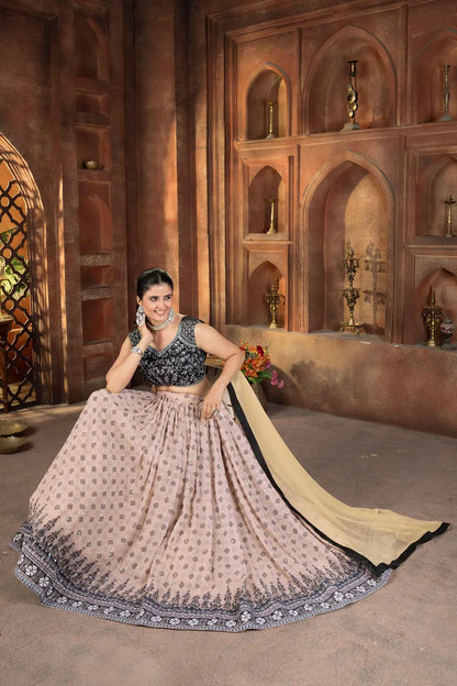 Black And Light Pink Digital Print With Embroidery Work Lehenga Choli