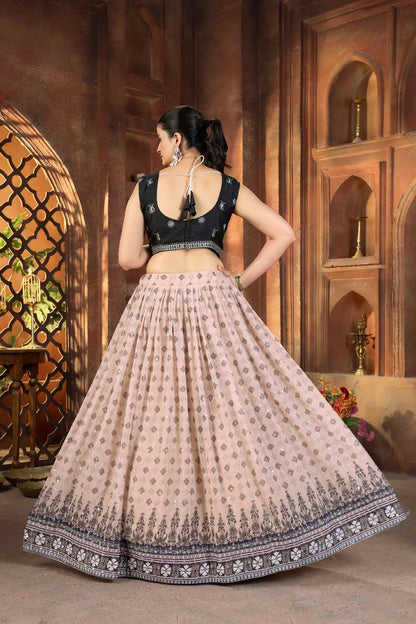 Black And Light Pink Digital Print With Embroidery Work Lehenga Choli