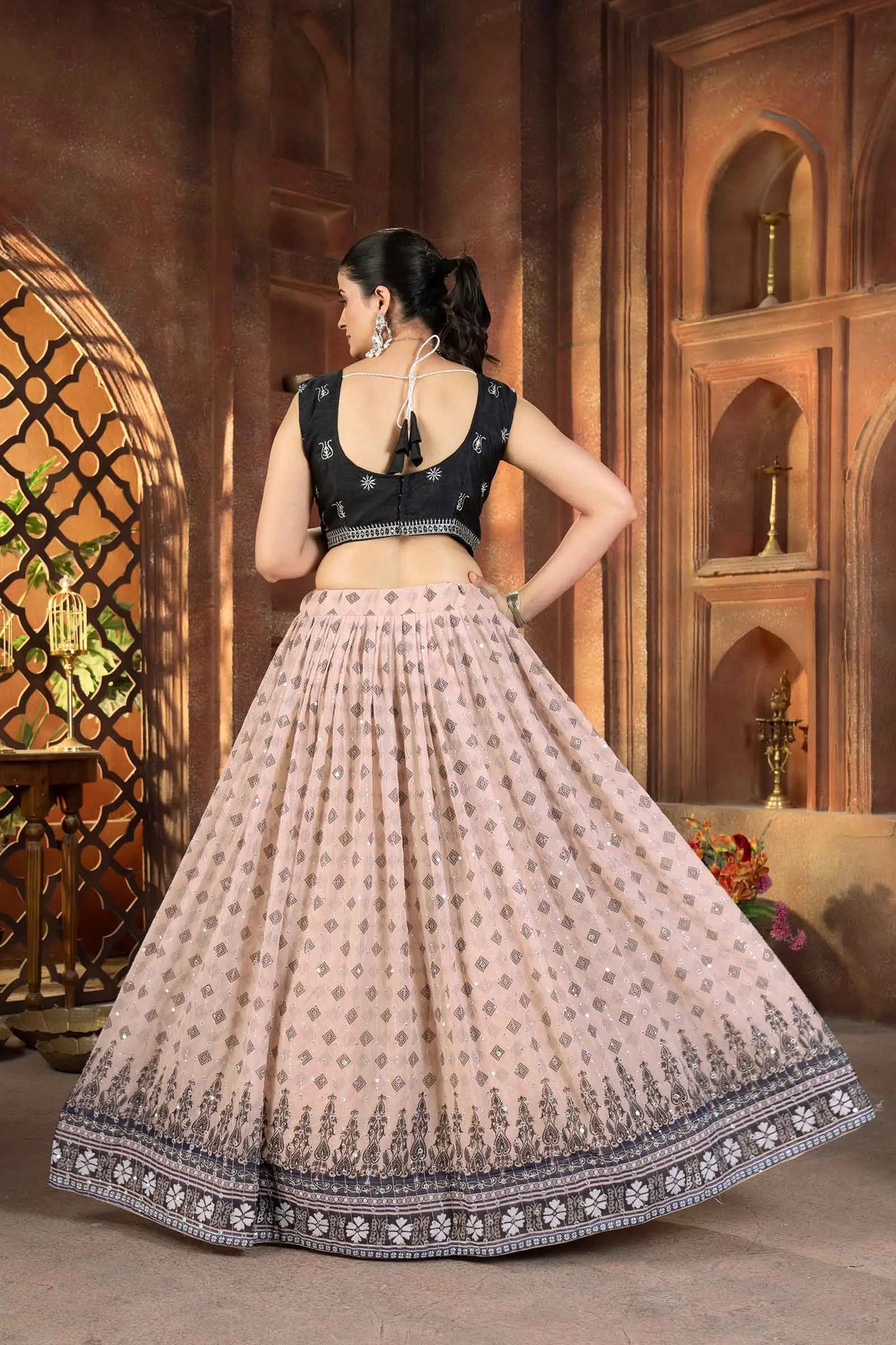 Black And Light Pink Digital Print With Embroidery Work Lehenga Choli