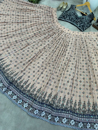 Black And Light Pink Digital Print With Embroidery Work Lehenga Choli