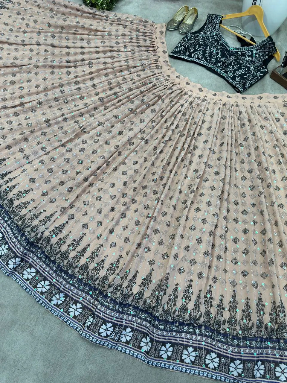 Black And Light Pink Digital Print With Embroidery Work Lehenga Choli