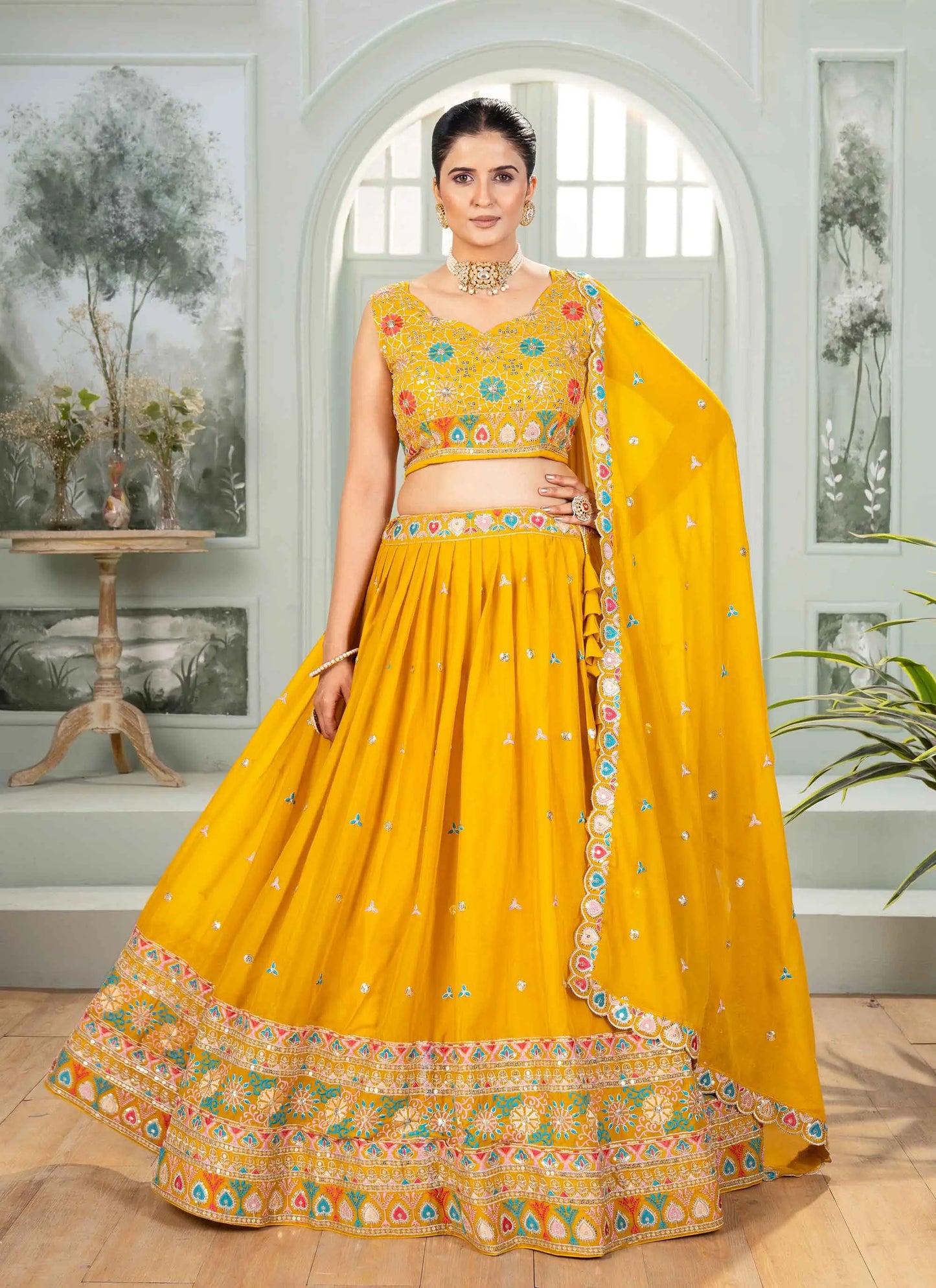 Yellow Star Georgette Sequins Embroidery Work Lehenga Choli