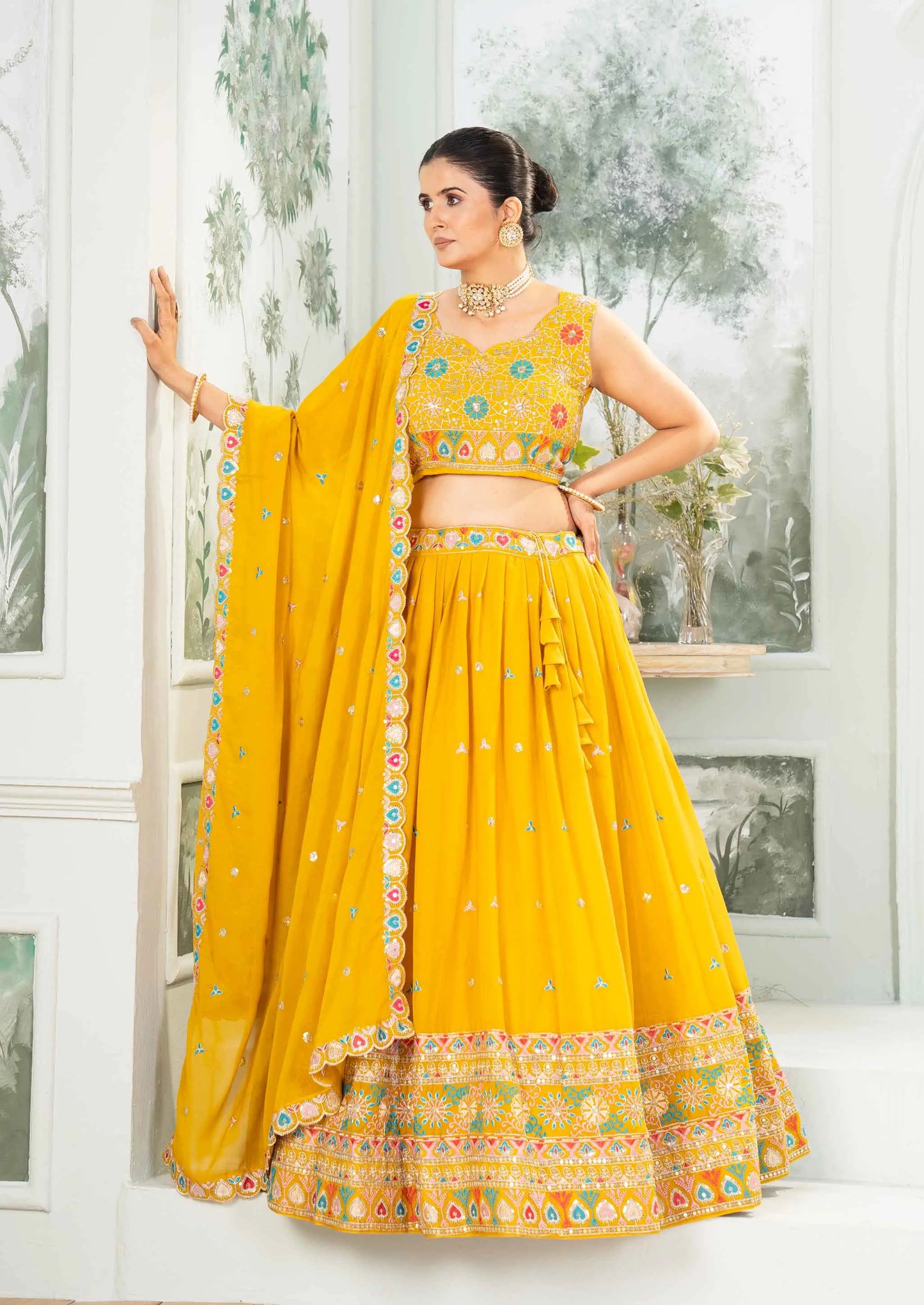 Yellow Star Georgette Sequins Embroidery Work Lehenga Choli