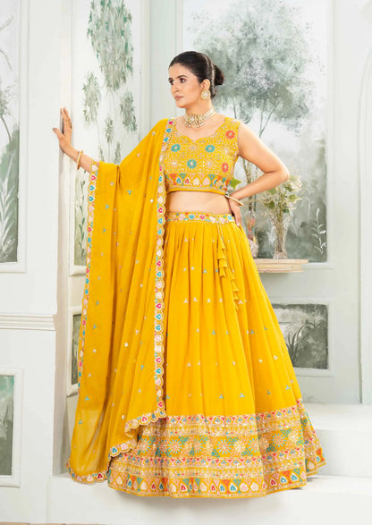 Yellow Star Georgette Sequins Embroidery Work Lehenga Choli