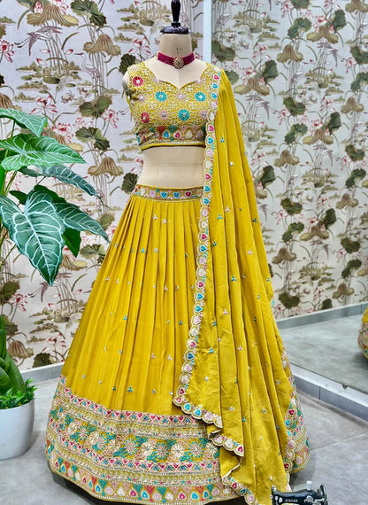 Yellow Star Georgette Sequins Embroidery Work Lehenga Choli