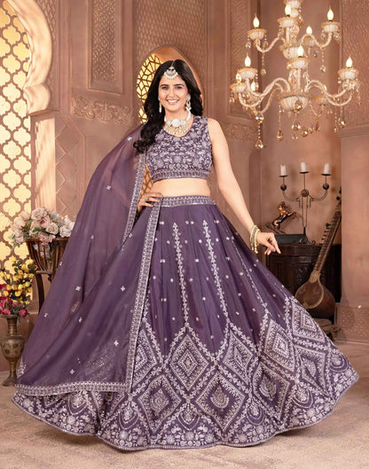 Plum Purple Georgette Sequins Embroidery Work Lehenga Choli