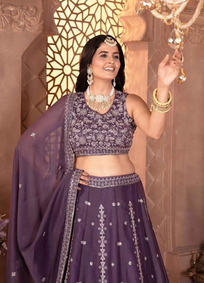 Plum Purple Georgette Sequins Embroidery Work Lehenga Choli