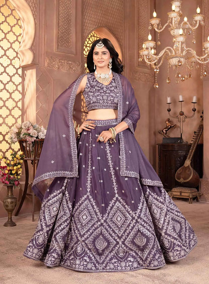 Plum Purple Georgette Sequins Embroidery Work Lehenga Choli