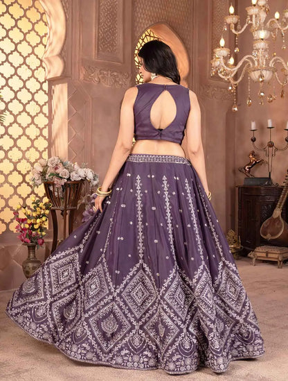 Plum Purple Georgette Sequins Embroidery Work Lehenga Choli