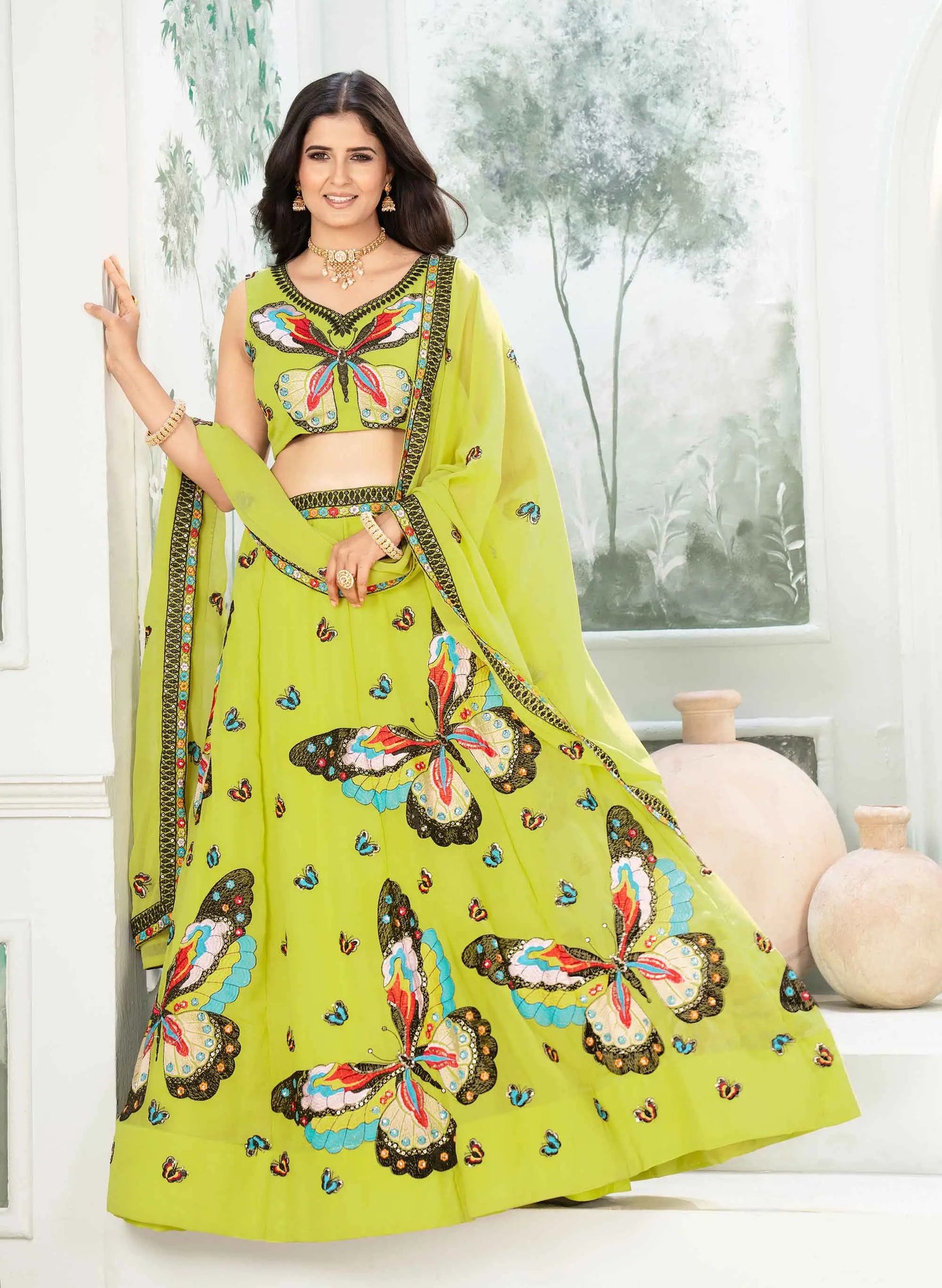 Neon Georgette Multi Thread Sequins Embroidery Work Lehenga Choli