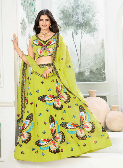 Neon Georgette Multi Thread Sequins Embroidery Work Lehenga Choli