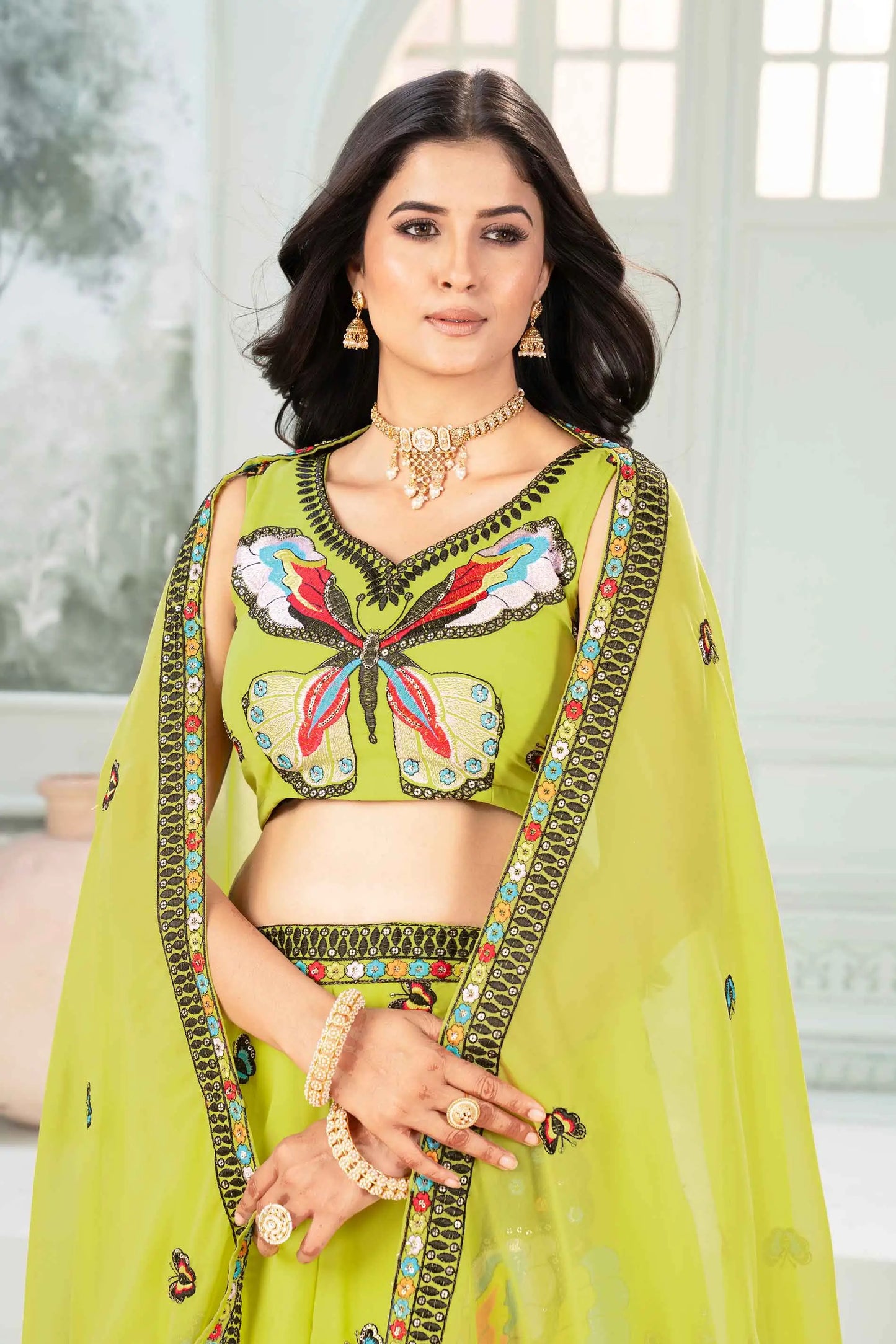 Neon Georgette Multi Thread Sequins Embroidery Work Lehenga Choli