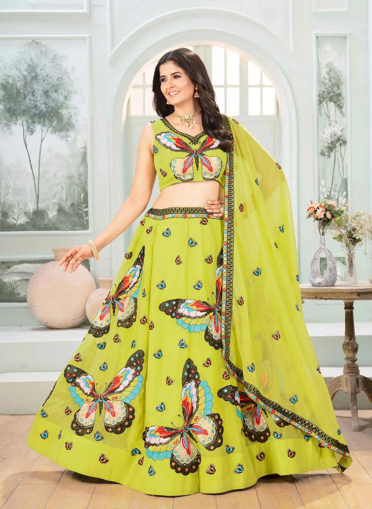 Neon Georgette Multi Thread Sequins Embroidery Work Lehenga Choli