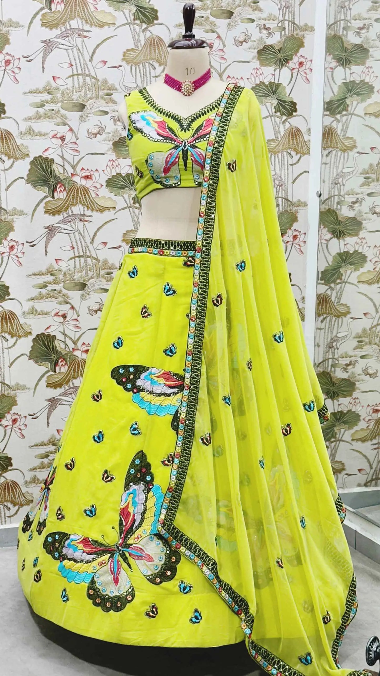 Neon Georgette Multi Thread Sequins Embroidery Work Lehenga Choli