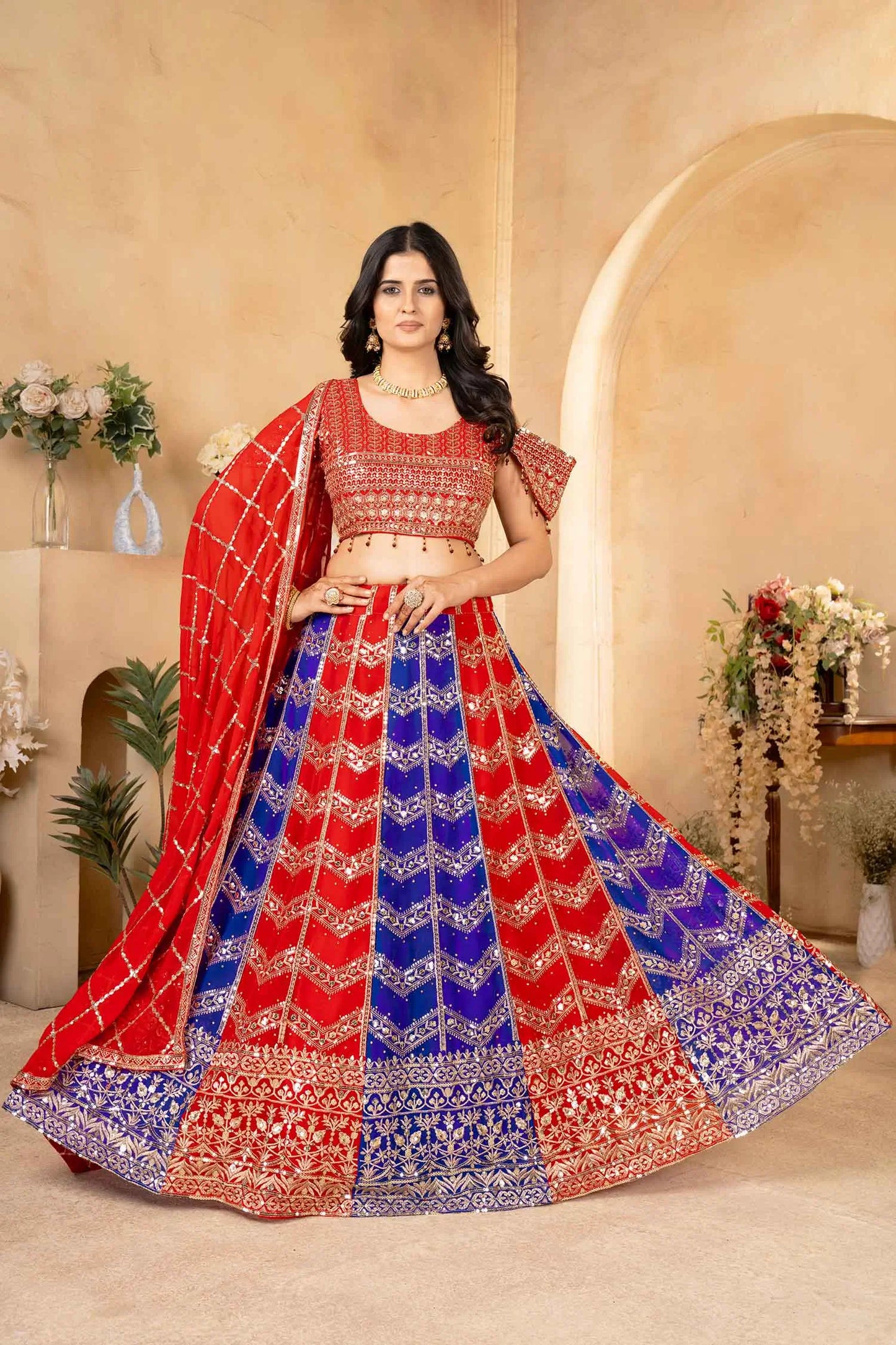 Multi Color Georgette Lehenga With Sequins Embroidery Design Work And Dupatta
