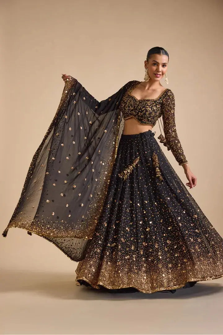 Black Georgette Lehenga Embellished With Heavy Sequins Embroidery Work