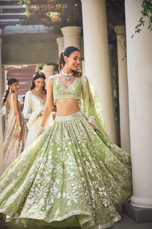 Designer Pista Green Georgette Lehenga With Thread Embroidery Work With Heavy Foil Work