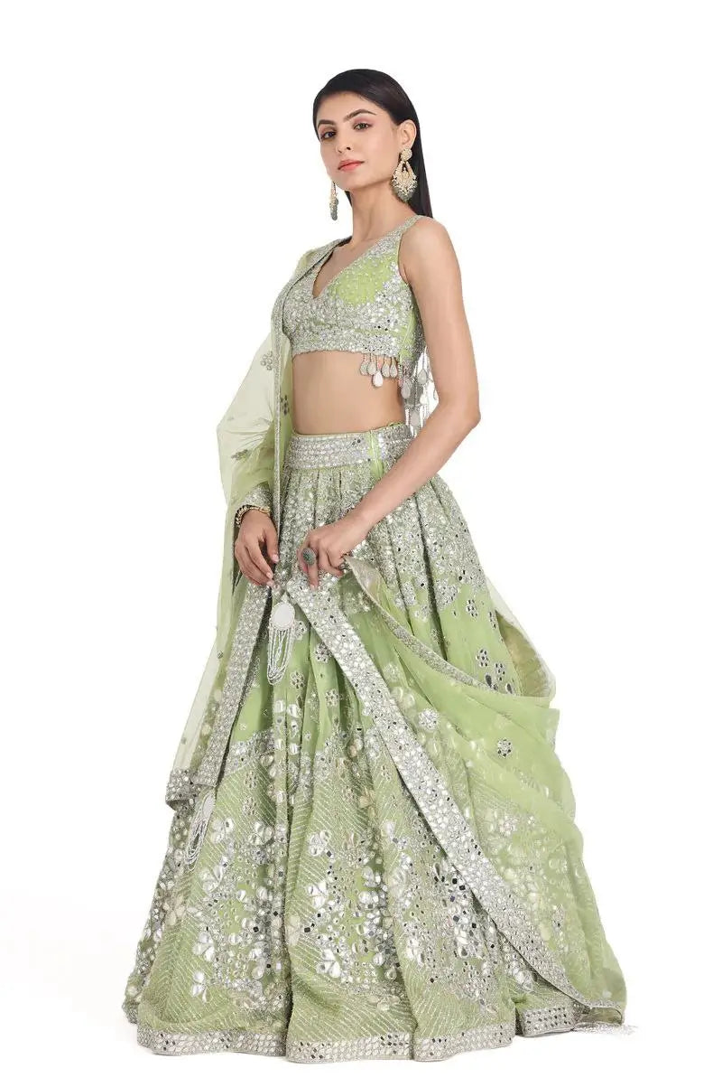 Designer Pista Green Georgette Lehenga With Thread Embroidery Work With Heavy Foil Work