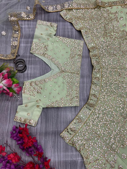 Designer Pista Green Georgette Lehenga With Thread Embroidery Work With Heavy Foil Work