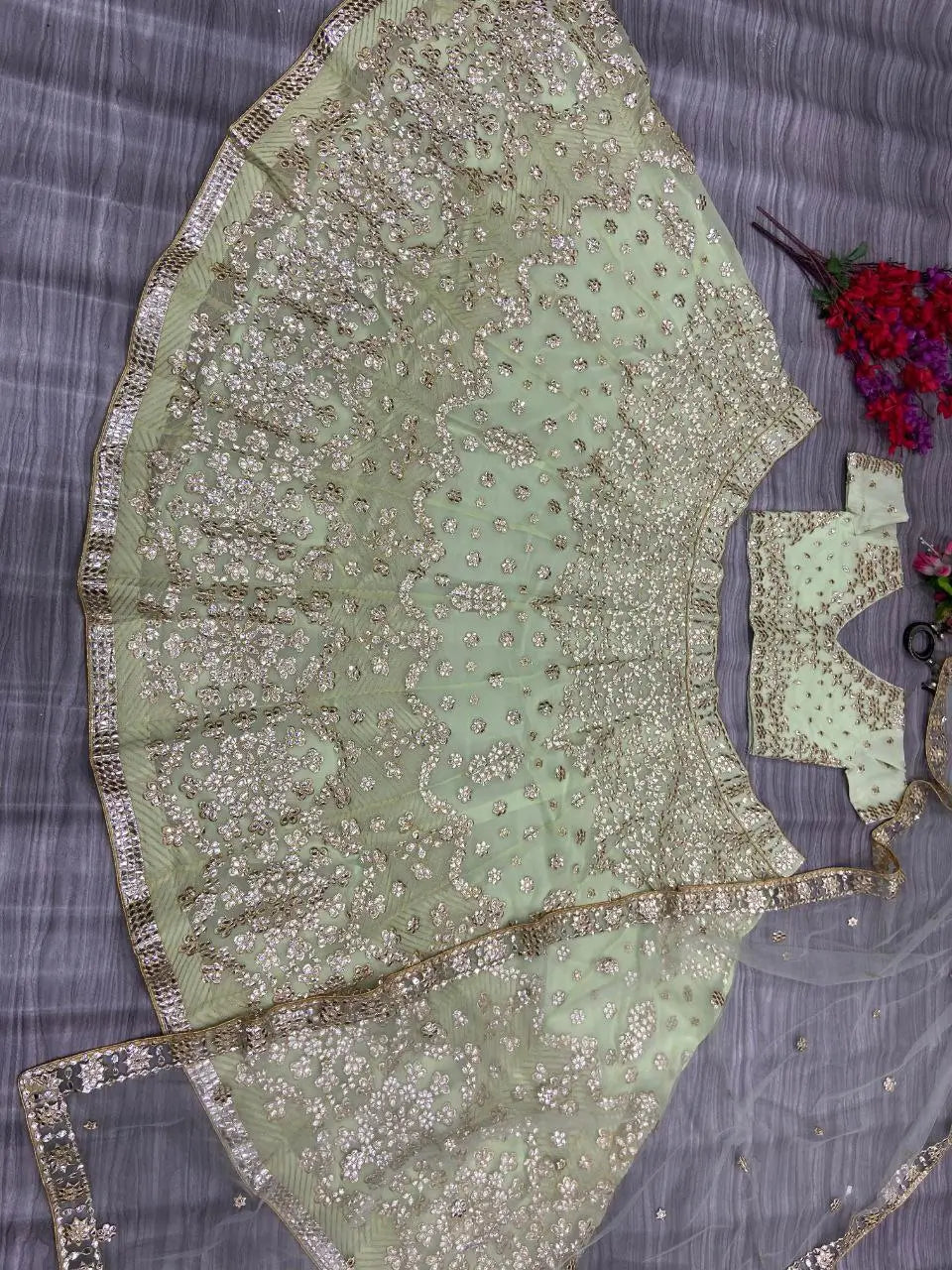 Designer Pista Green Georgette Lehenga With Thread Embroidery Work With Heavy Foil Work