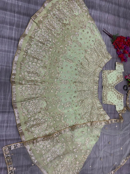 Designer Pista Green Georgette Lehenga With Thread Embroidery Work With Heavy Foil Work