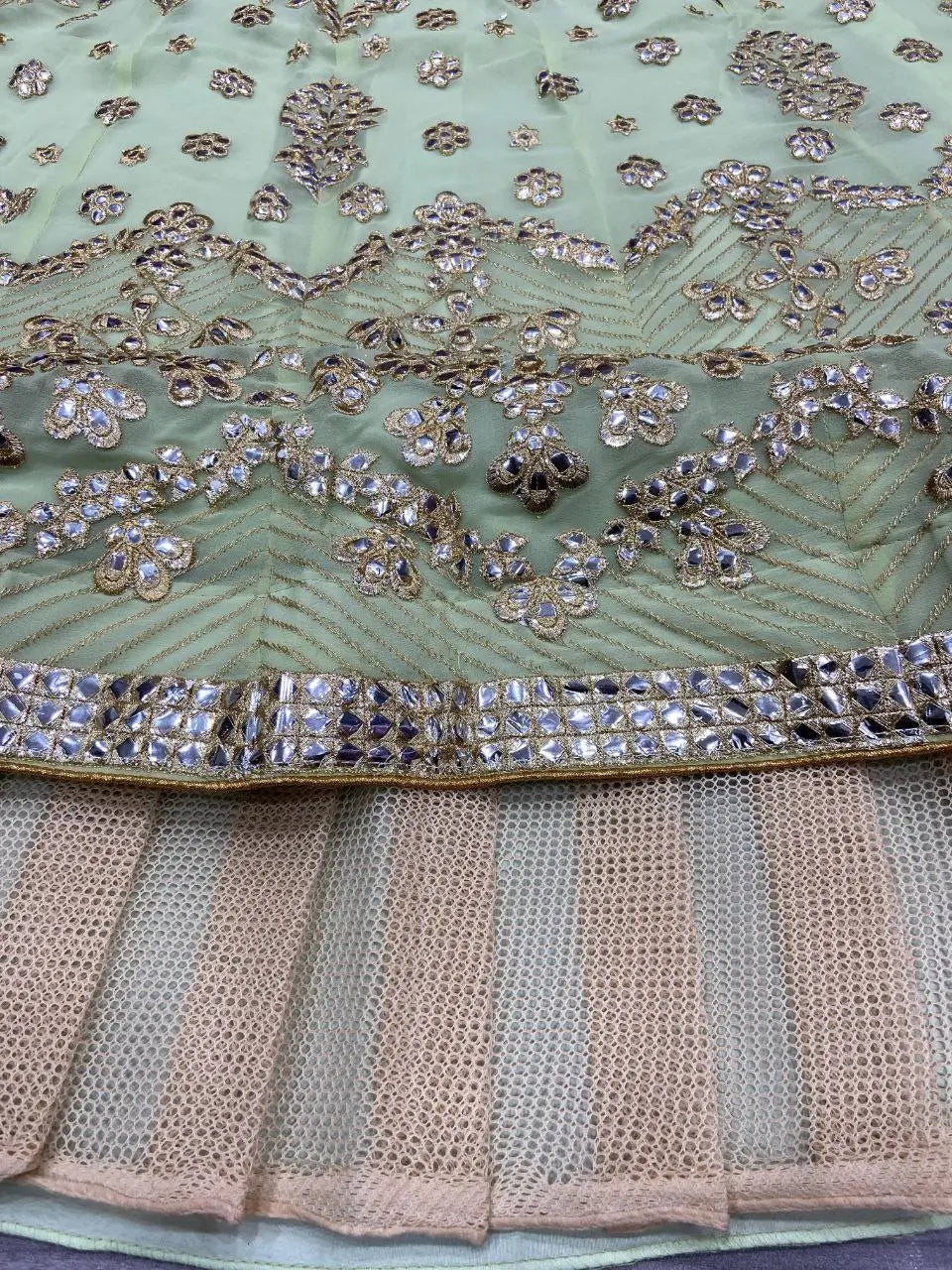 Designer Pista Green Georgette Lehenga With Thread Embroidery Work With Heavy Foil Work