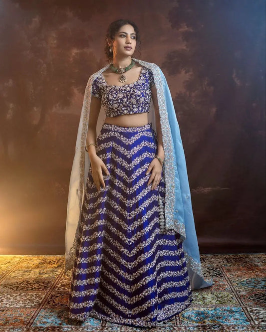 Navy Blue Chinnon Silk Lehenga With Coding Sequins And Embroidery Work