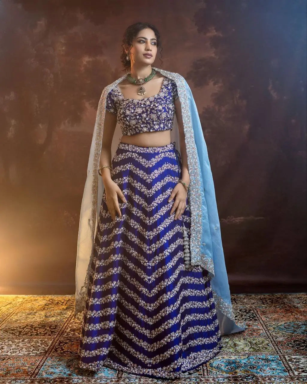 Navy Blue Chinnon Silk Lehenga With Coding Sequins And Embroidery Work