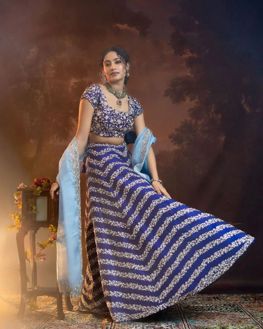 Navy Blue Chinnon Silk Lehenga With Coding Sequins And Embroidery Work