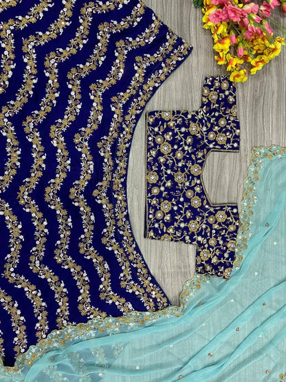 Navy Blue Chinnon Silk Lehenga With Coding Sequins And Embroidery Work