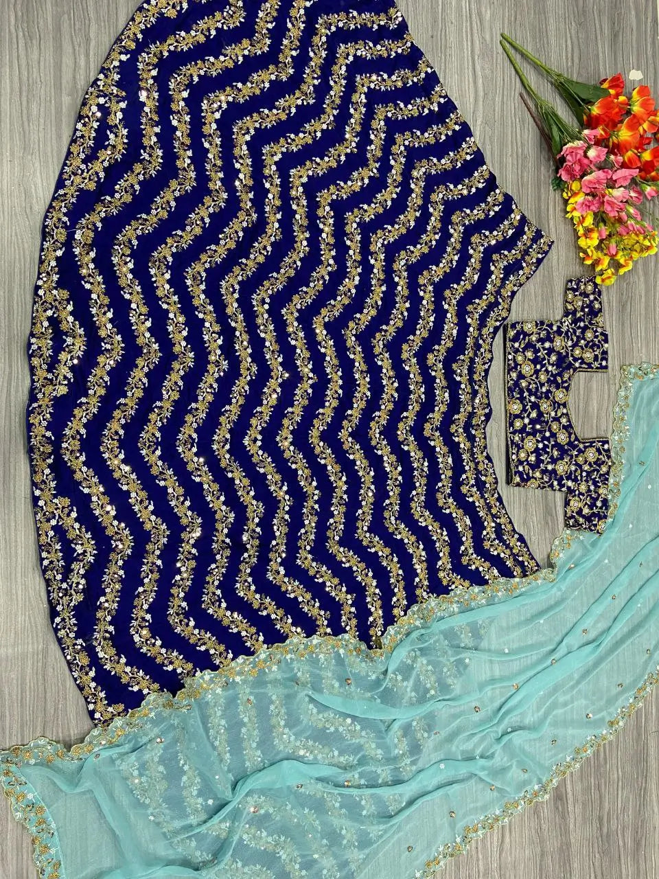 Navy Blue Chinnon Silk Lehenga With Coding Sequins And Embroidery Work