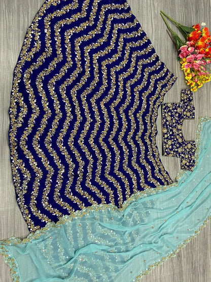 Navy Blue Chinnon Silk Lehenga With Coding Sequins And Embroidery Work