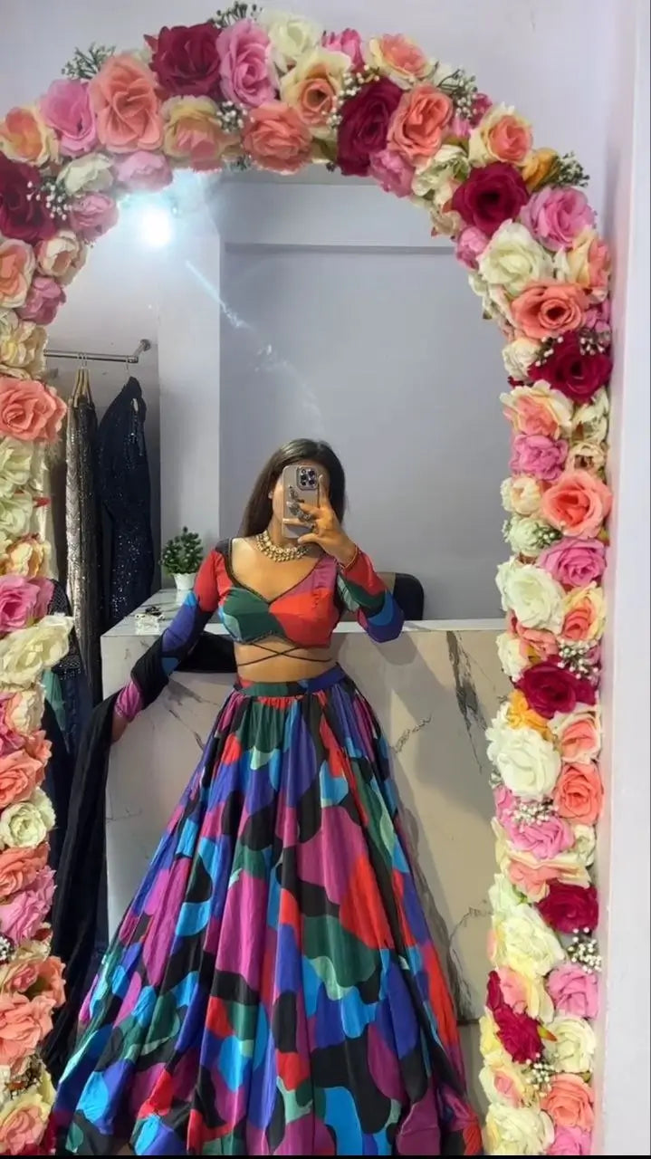 Multi Color Pink Chinon Silk Lehenga With Beautiful Digital Print  With Plain Dupatta