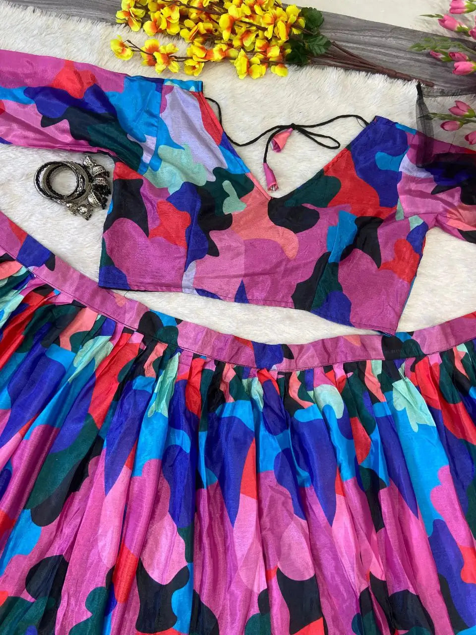 Multi Color Pink Chinon Silk Lehenga With Beautiful Digital Print  With Plain Dupatta