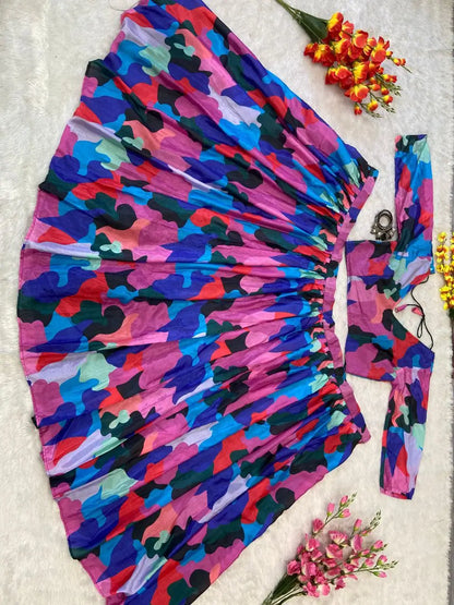 Multi Color Pink Chinon Silk Lehenga With Beautiful Digital Print  With Plain Dupatta