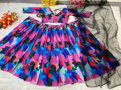 Multi Color Pink Chinon Silk Lehenga With Beautiful Digital Print  With Plain Dupatta