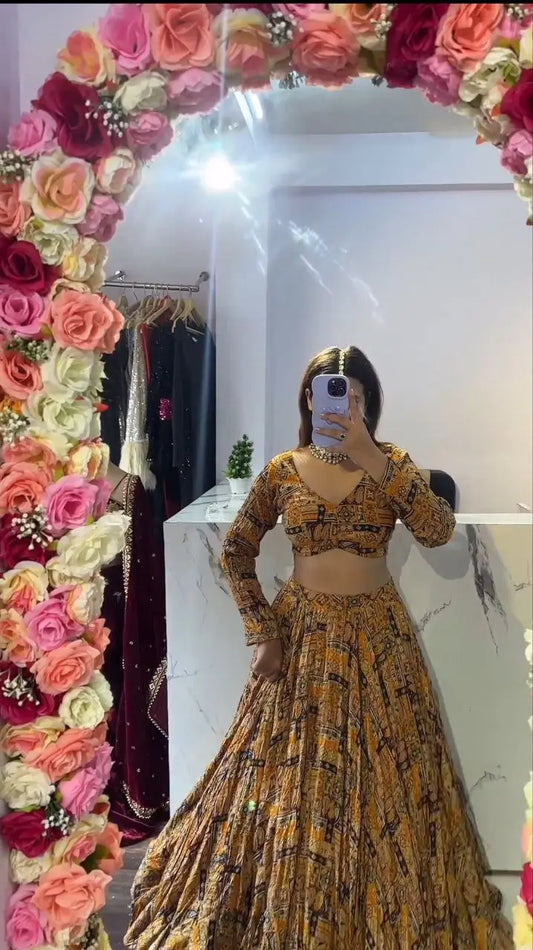 Yellow Chinon Silk Lehenga With Beautiful Digital Print  With Plain Dupatta