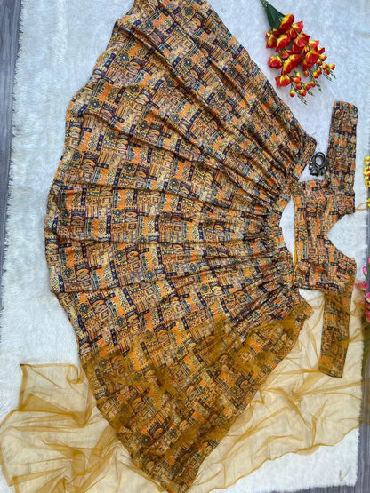 Yellow Chinon Silk Lehenga With Beautiful Digital Print  With Plain Dupatta