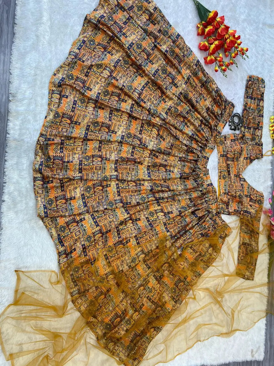 Yellow Chinon Silk Lehenga With Beautiful Digital Print  With Plain Dupatta