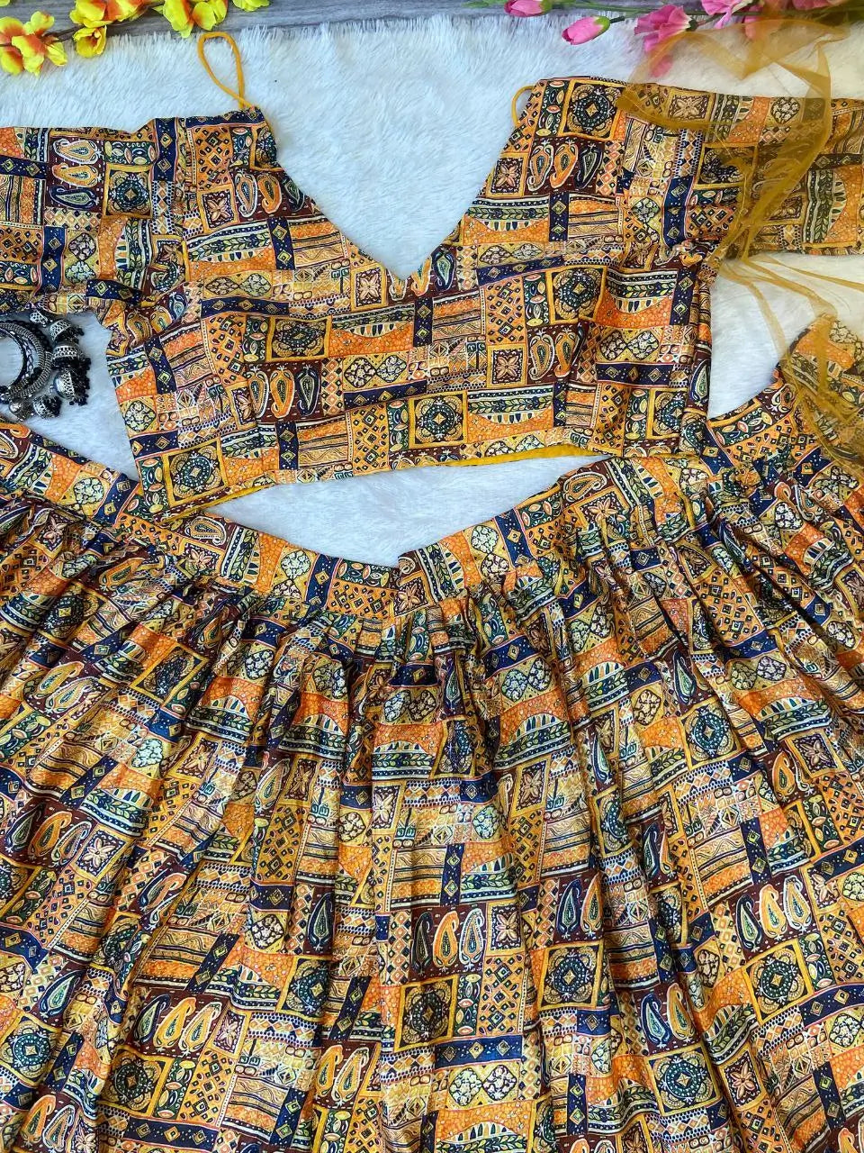 Yellow Chinon Silk Lehenga With Beautiful Digital Print  With Plain Dupatta