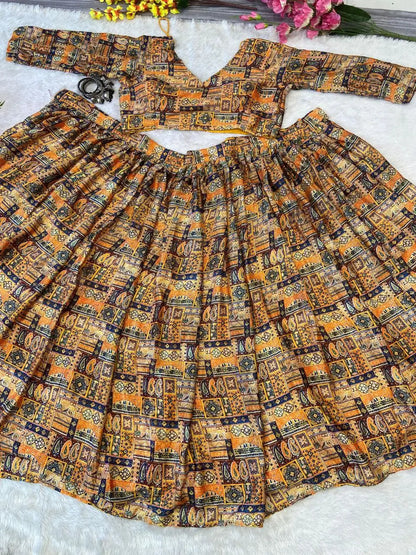 Yellow Chinon Silk Lehenga With Beautiful Digital Print  With Plain Dupatta
