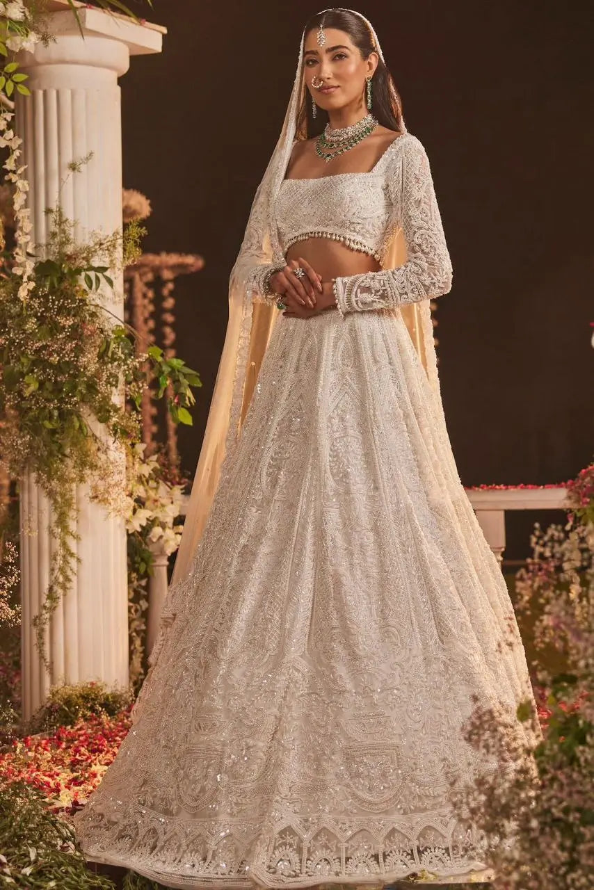 Sabyasachi White Net Lehenga With Thread Embroidery Coding Work Sequins Work