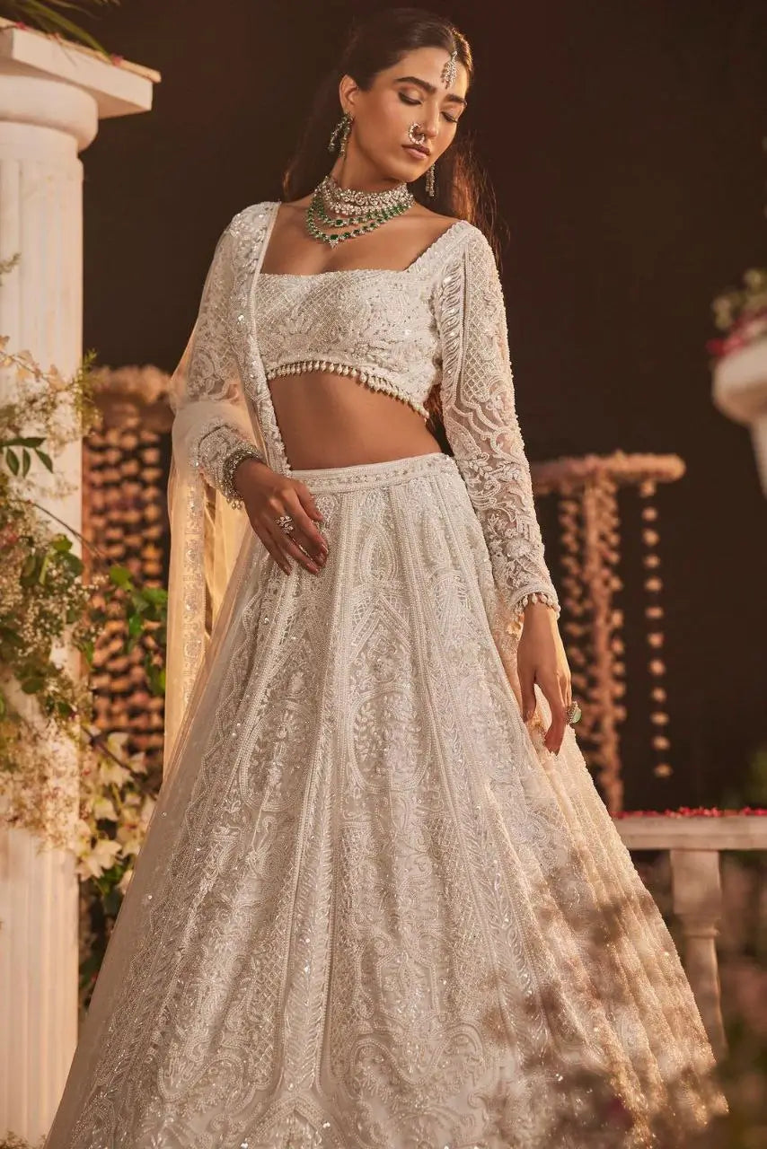 Sabyasachi White Net Lehenga With Thread Embroidery Coding Work Sequins Work
